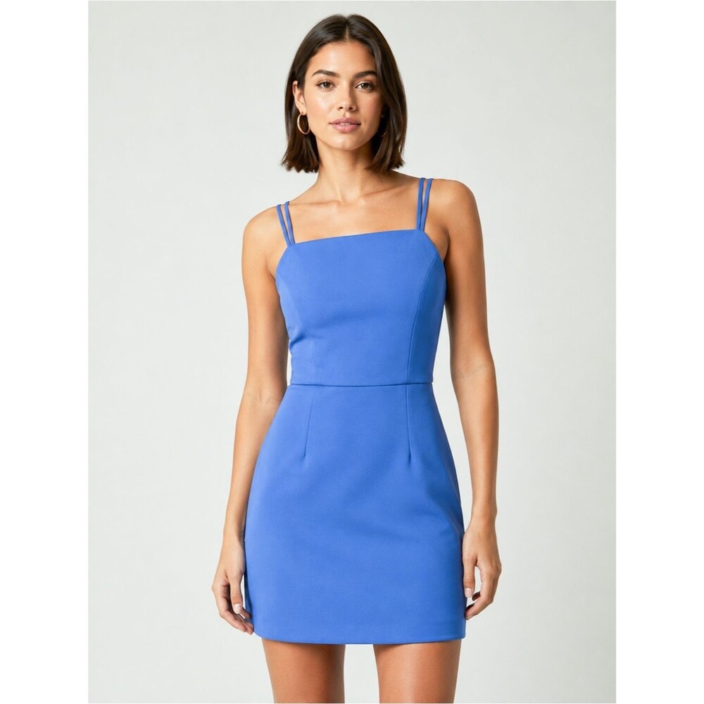 French Connection Whisper Mini Dress Square Neck Bodycon Double Strap Blue 4 NEW